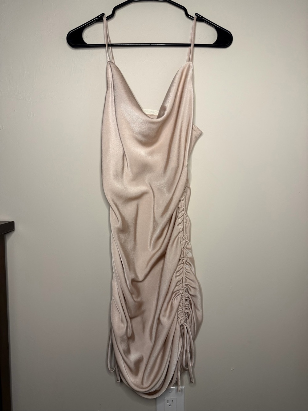 Sleeveless Cowl Neck Ruched Satin Dress - Blush